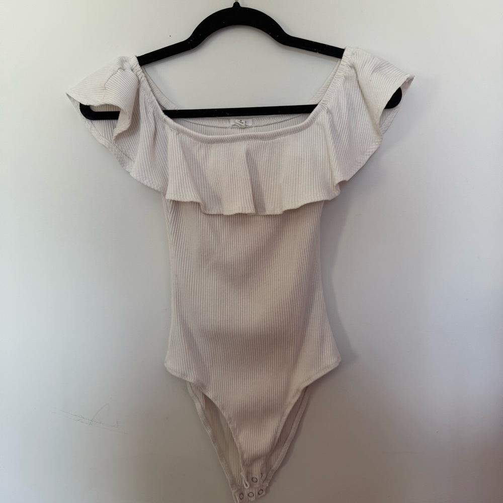 White Ruffle Off-Shoulder Bodysuit
